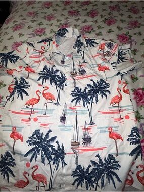 Men's White Flamingo & Palm Short-Sleeve Button-Down Shirt